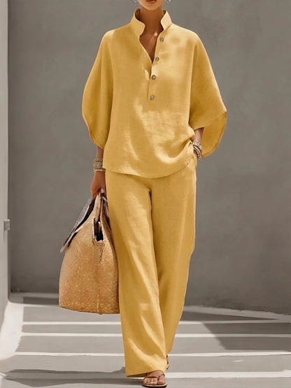 New Arrivals🔥Women’s Batwing Sleeve Linen Cotton Two-Piece Set – Casual Shirt & Wide Leg Pants Outfit