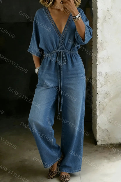 Women's Casual V-neck Loose-fitting Drawstring Waist Denim Jumpsuit