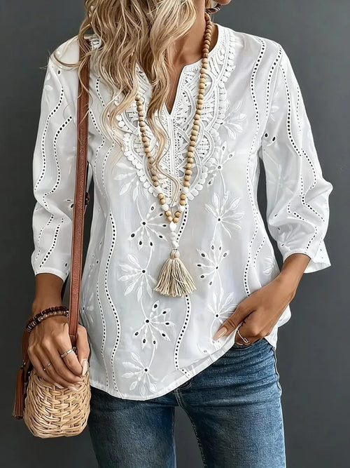 Women's Casual Openwork Embroidered Bell Sleeves Linen Shirt