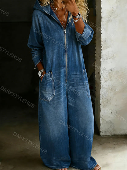 Women’s Hooded One Piece Denim Jumpsuit