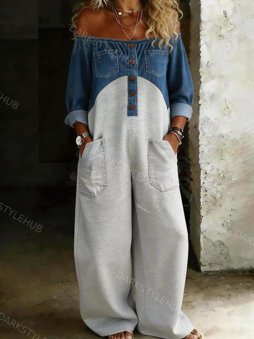 Women’s Fashion Vintage Off-shoulder Long Sleeve Denim Patchwork Jumpsuit