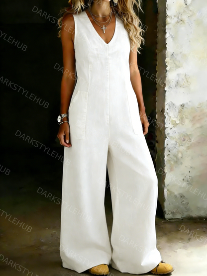 Women's Retro Sleeveless V-neck Wide-leg Denim Jumpsuit