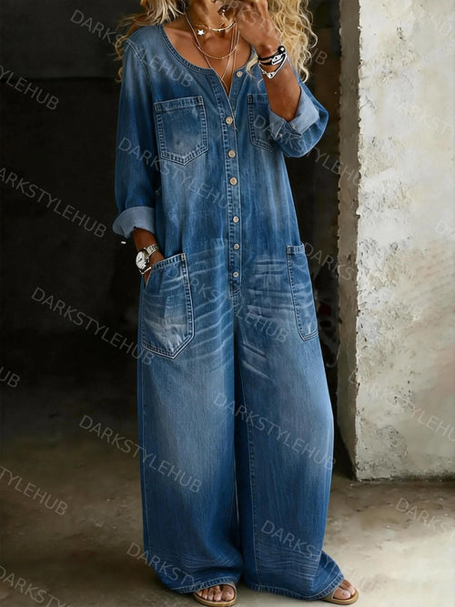 Women's Solid Color Round Neck Cozy Casual Cotton Denim Jumpsuit