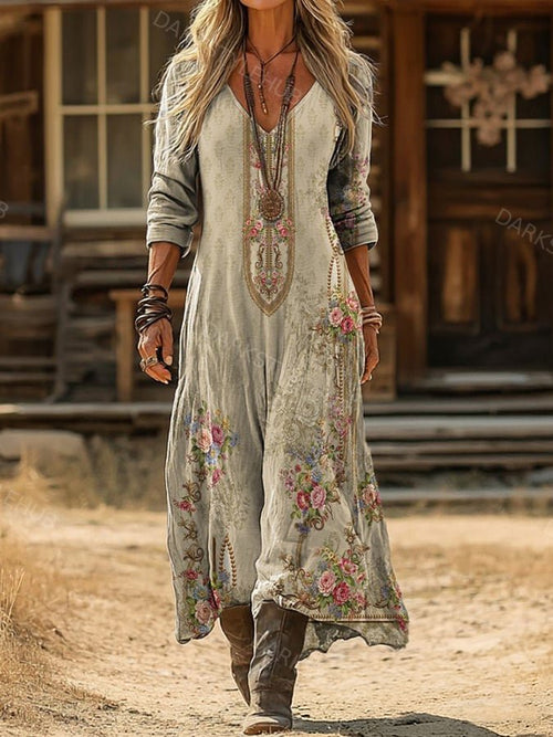 Women's Casual Retro Floral Long-Sleeved Cotton Linen Dress