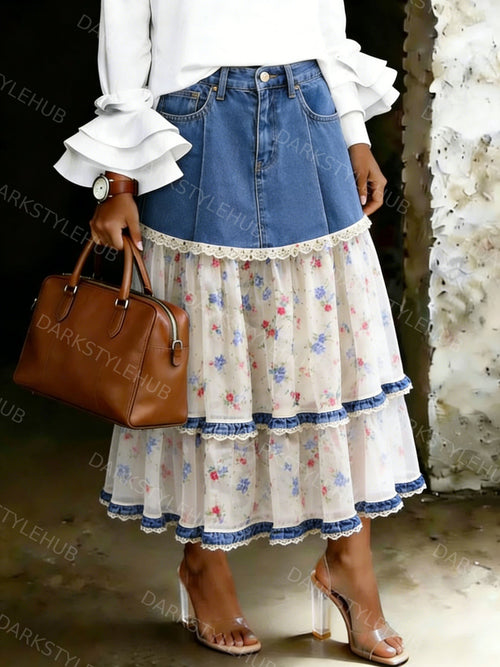 Women's Denim Tulle Midi Skirt