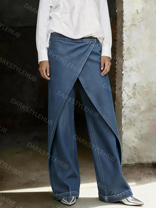Women's Fashion High Rise Asymmetrical Button Layered Wide Leg Denim Jeans