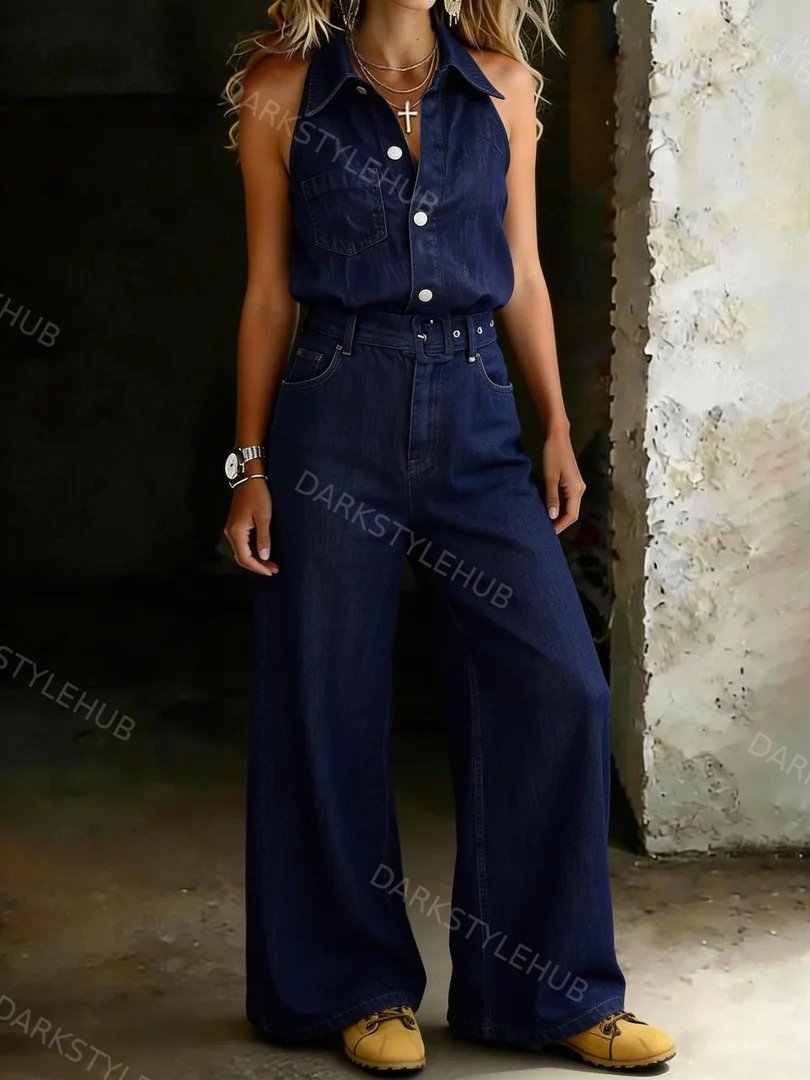 Women's Retro Sleeveless Wide-leg Denim Jumpsuit