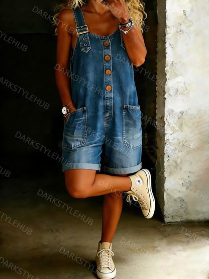 Women's Casual Adjustable-strap Denim Jumpsuit Shorts
