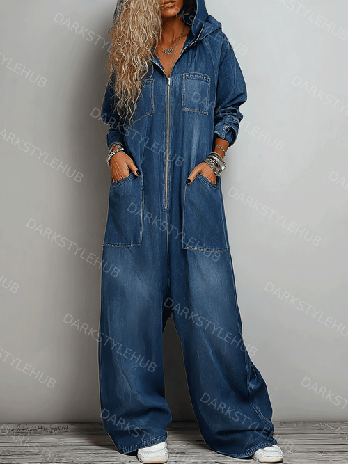 Women’s Hooded One Piece Denim Jumpsuit