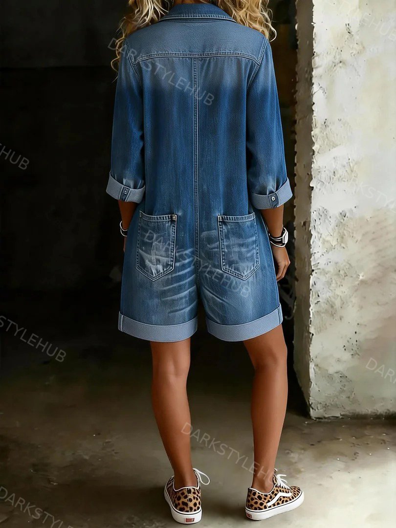 Women's Solid Color Casual Cotton Denim Jumpsuit Shorts