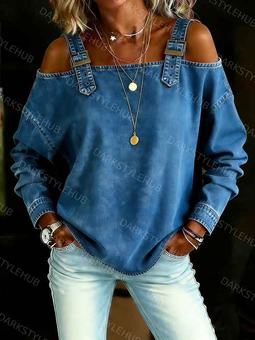 Women‘s Retro Off-the-shoulder Button-down Denim Long-sleeved Top