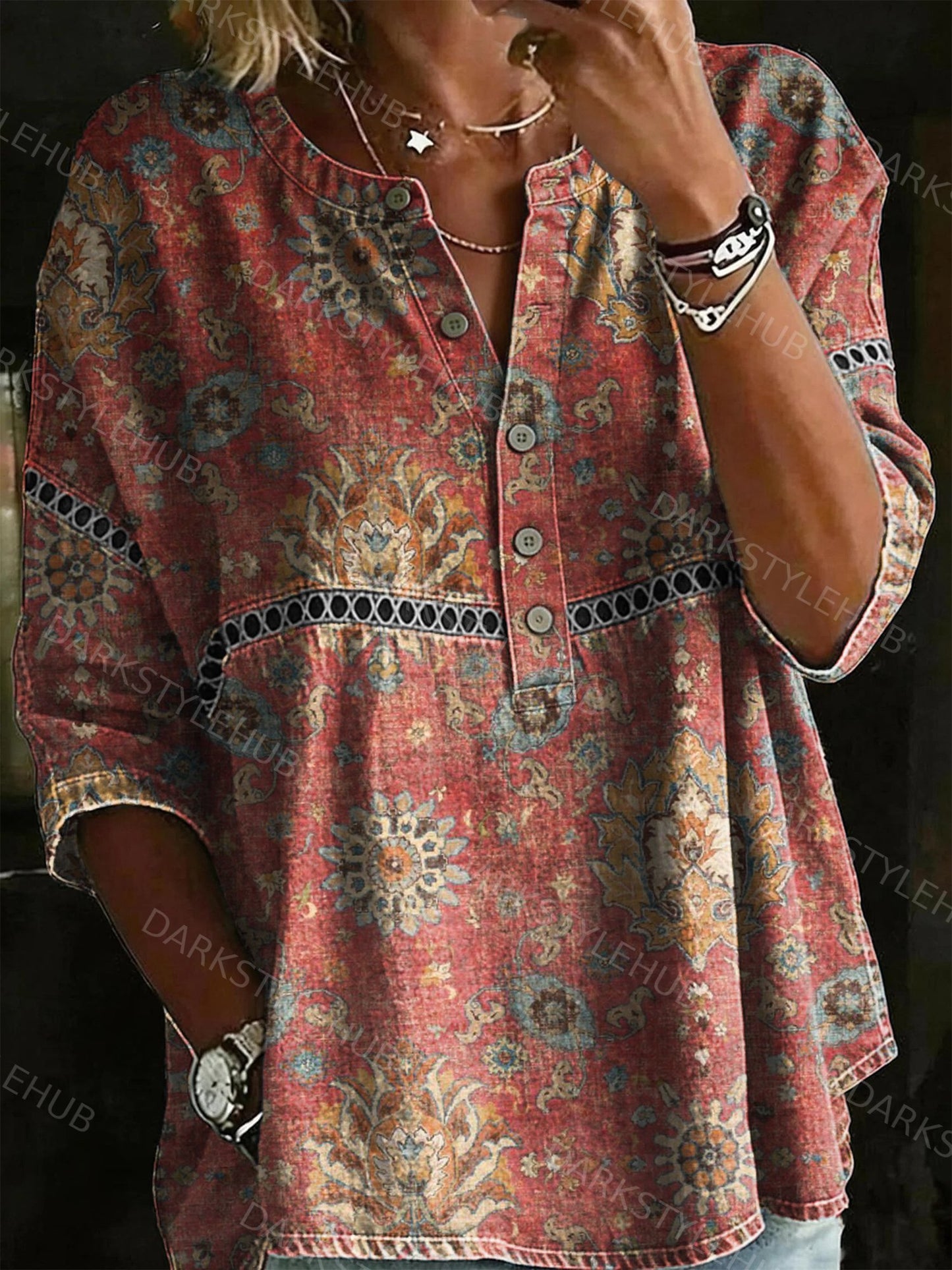 Women's Vintage Ethnic Floral Print Casual Loose Denim Henley Shirt
