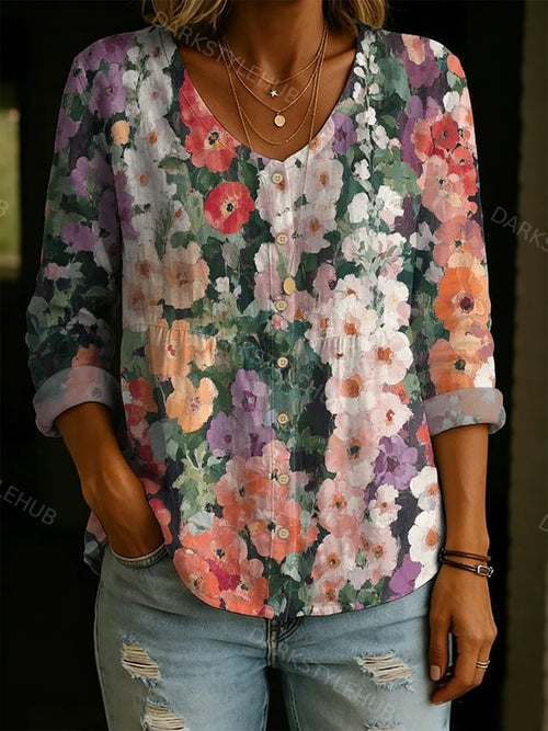 Women's Elegant Floral Decorative Pattern Linen And Cotton Shirt