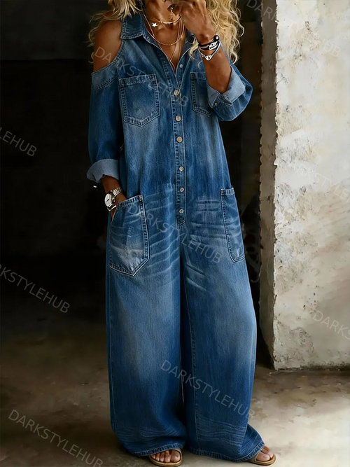 Women's Casual Off-shoulder Denim Jumpsuit