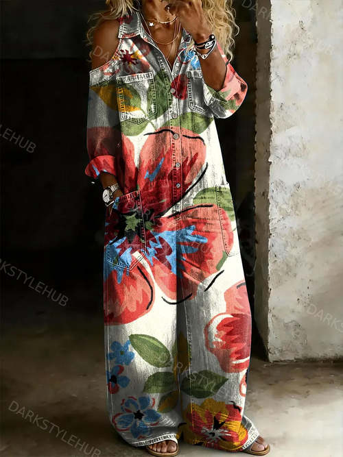 Women's Casual Multicolor Floral Art Prints Off-shoulder Denim Jumpsuit