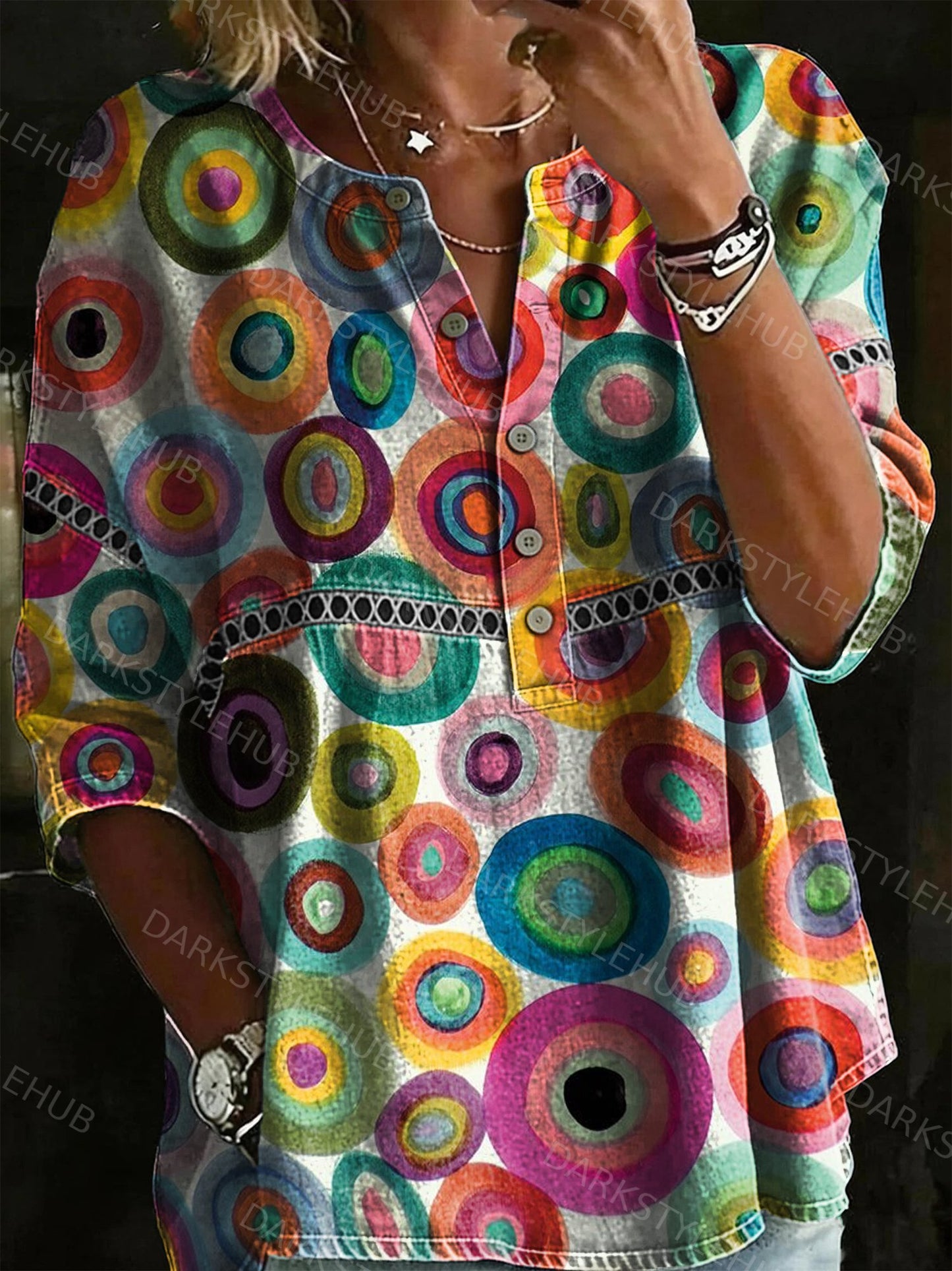 Women's Colorful Circles Print Casual Loose Denim Henley Shirt