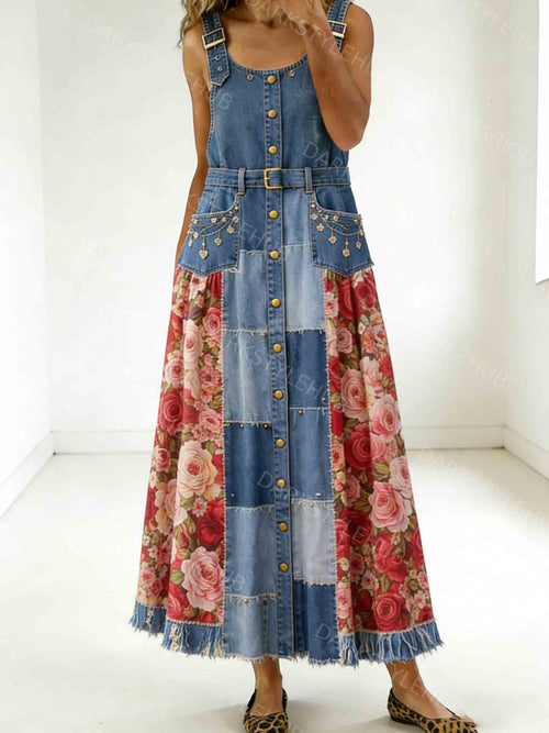 Women's Retro Floral Patchwork Denim Maxi Skirt