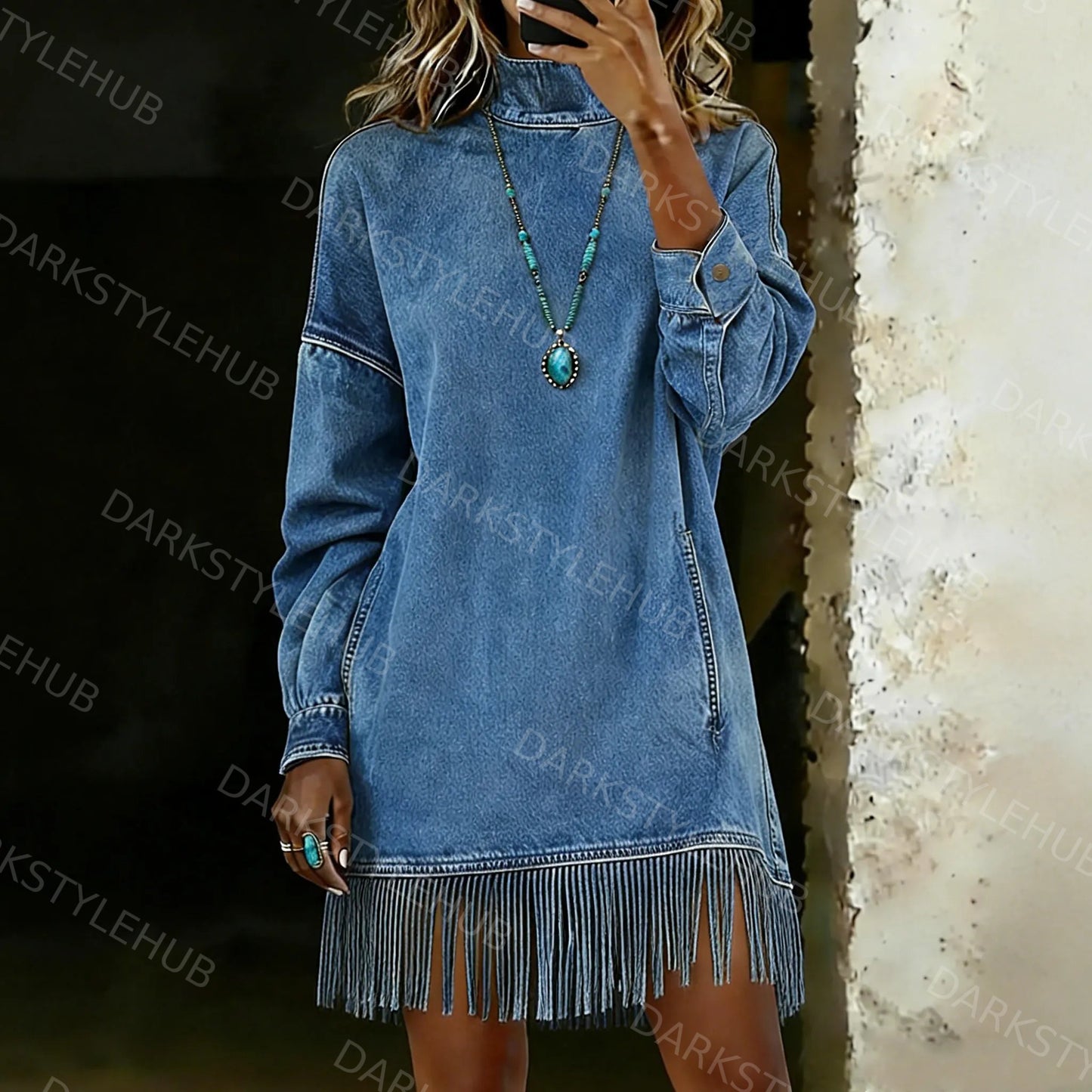 Women's Casual Long-Sleeved High-Neck H-Line Denim Dress