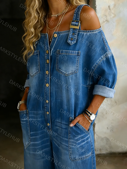 Women's Solid Color Off-shoulder Cozy Casual Cotton Denim Jumpsuit
