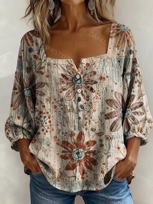 Women's Vintage Floral Print Casual Cotton Linen Shirt