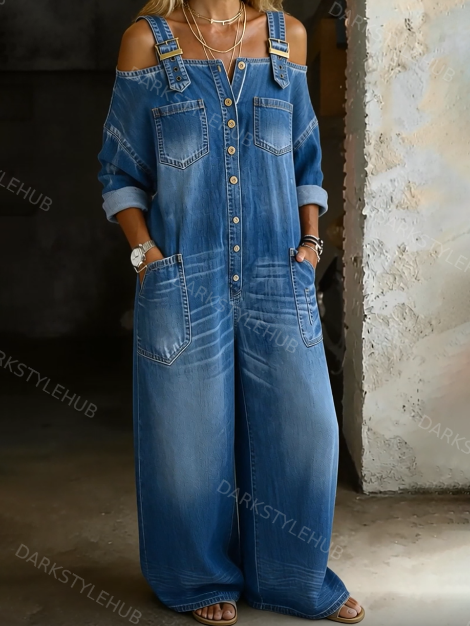 Women's Solid Color Off-shoulder Cozy Casual Cotton Denim Jumpsuit