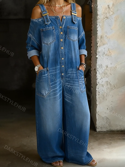 Women's Solid Color Off-shoulder Cozy Casual Cotton Denim Jumpsuit