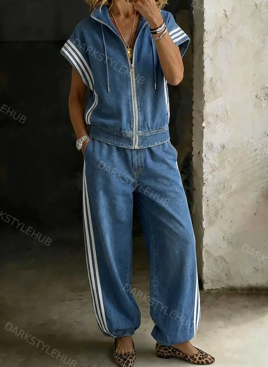 Women's Solid Color Stand-collar Short-sleeved Casual Loose Cotton Top And High-waisted Wide-leg Cotton Pants Set.