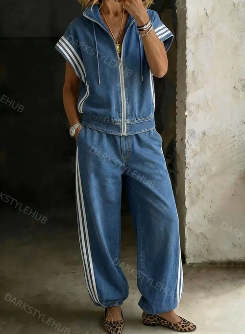 Women's Solid Color Stand-collar Short-sleeved Casual Loose Cotton Top And High-waisted Wide-leg Cotton Pants Set.