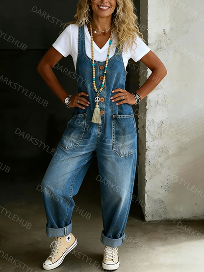 Women's Solid Color Casual Cotton Vest And Denim Jumpsuit Shorts