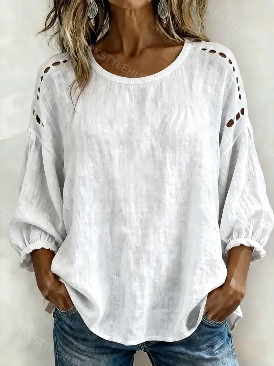 Women's Casual Hollow-out Design Round Neck Cotton Linen Shirt