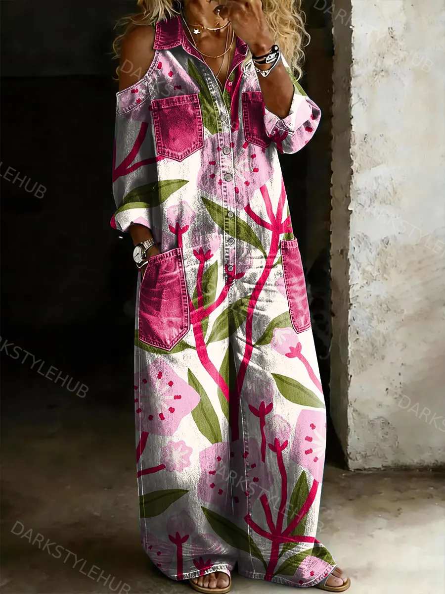 Women's Casual Multicolor Floral Art Prints Off-shoulder Denim Jumpsuit