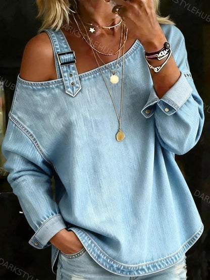 Women's Casual Solid Color Off-Shoulder Denim Cotton Top