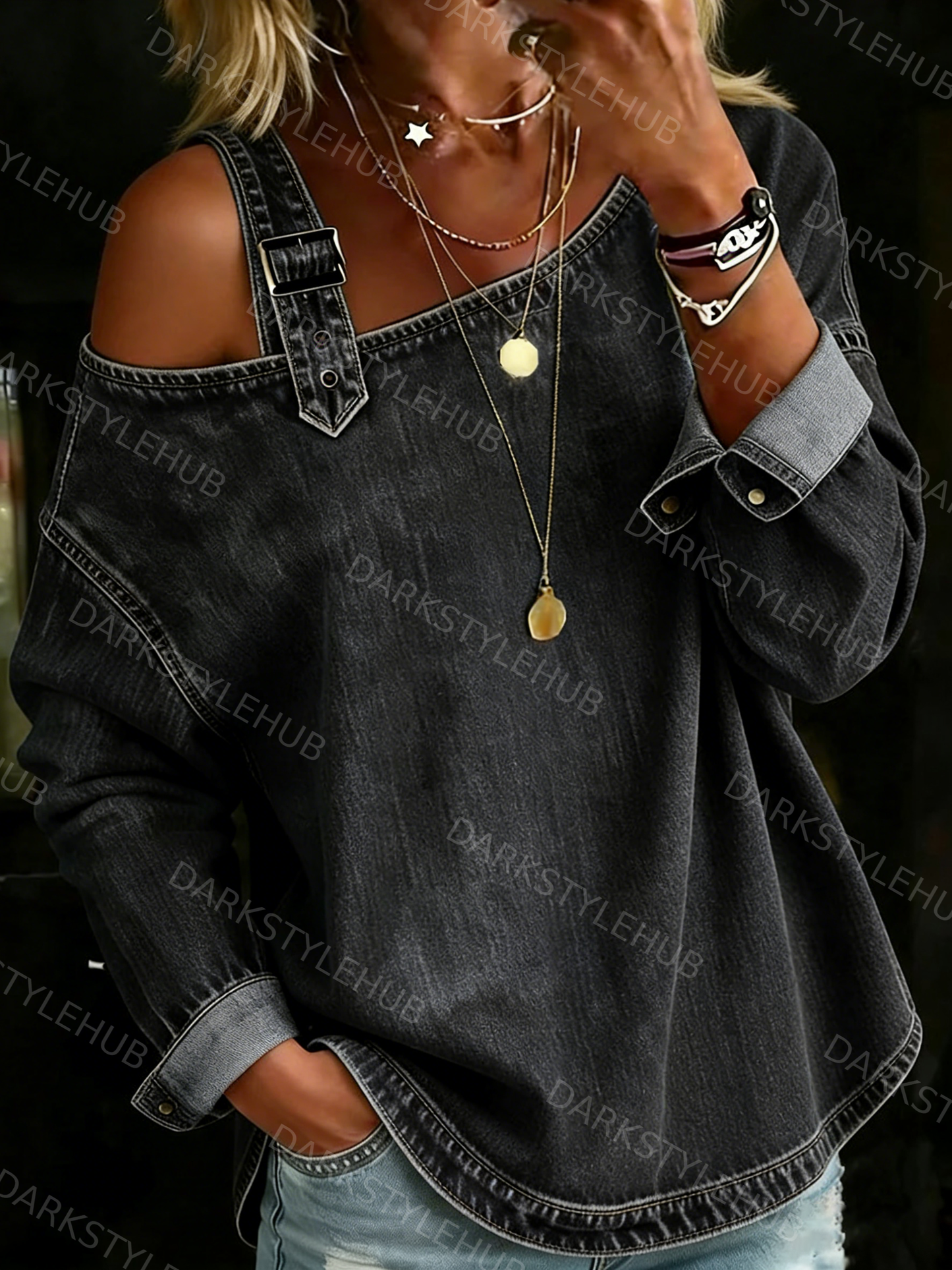 Women's Casual Solid Color Off-Shoulder Denim Cotton Top