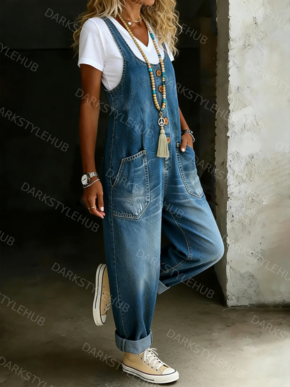 Women's Solid Color Casual Cotton Vest And Denim Jumpsuit