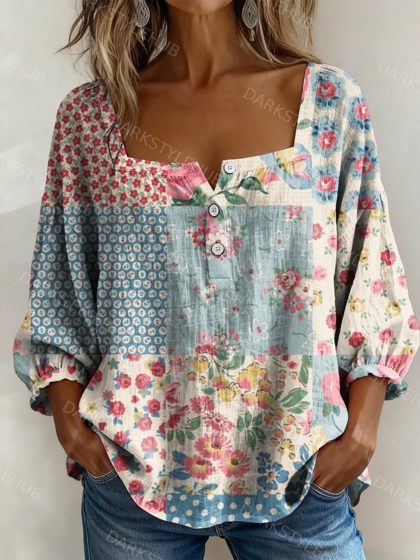 Women's Floral Patchwork Print Casual Cotton Linen Shirt