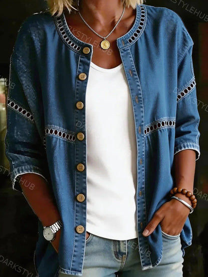 Women's Solid Color Casual Loose Buttons Up Denim Blouse Shirt
