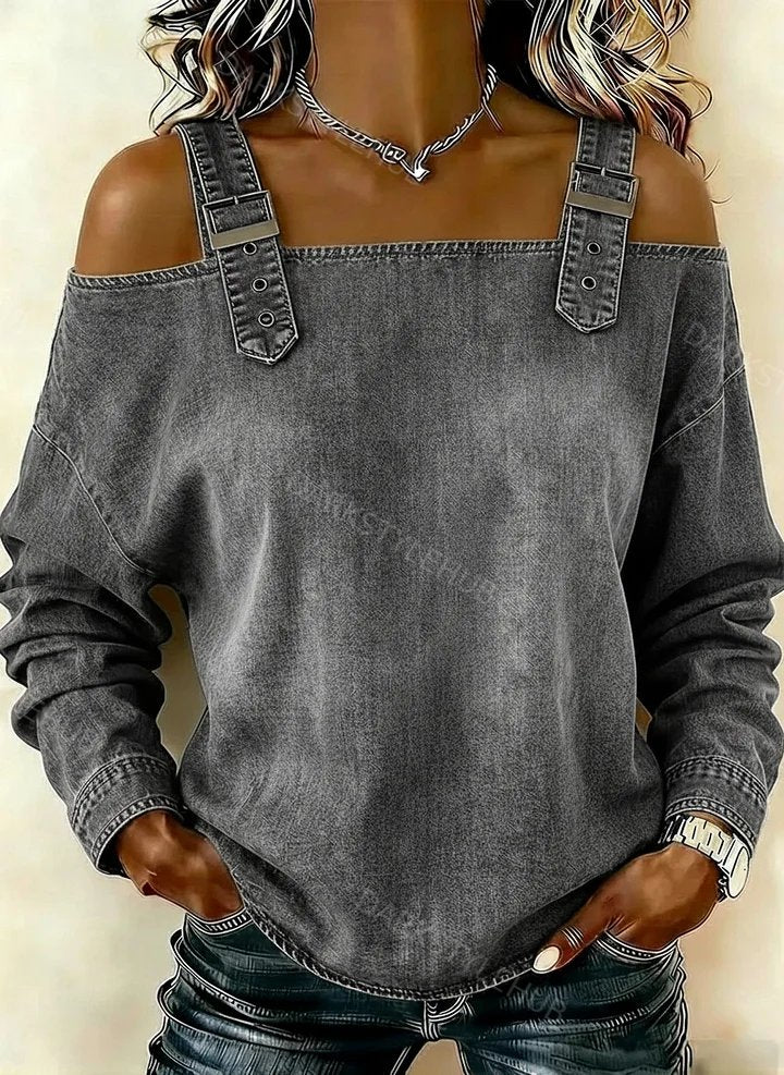 Women‘s Retro Off-the-shoulder Button-down Denim Long-sleeved Top