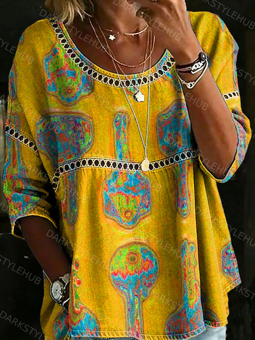 Women's Vintage Abstrct Key Casual Loose Denim Blouse Shirt