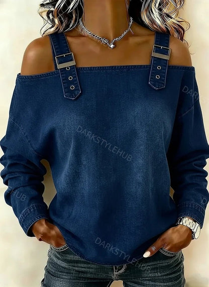 Women‘s Retro Off-the-shoulder Button-down Denim Long-sleeved Top