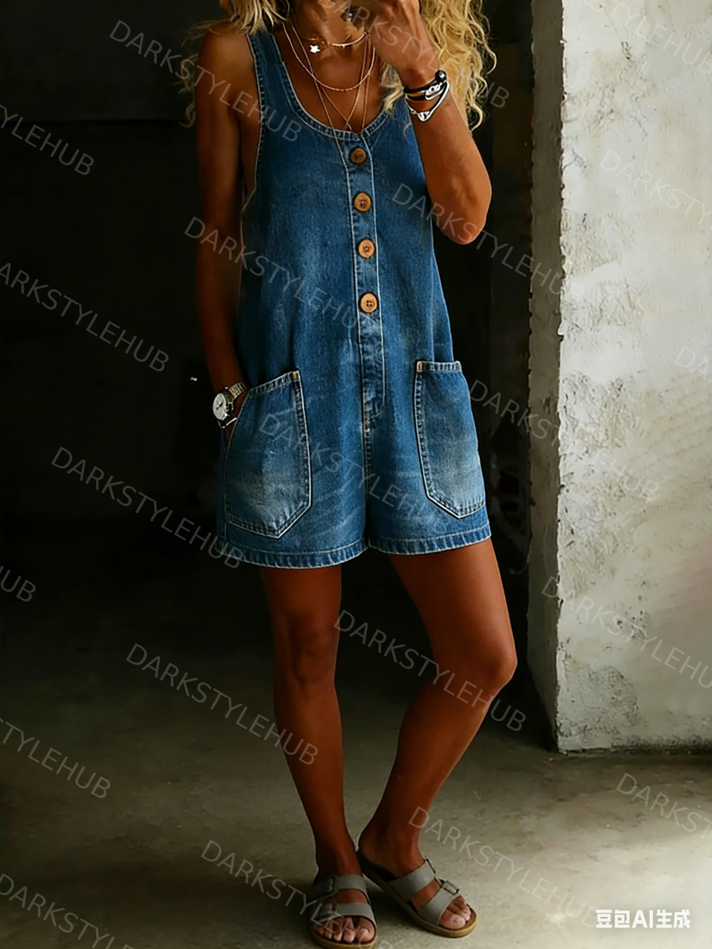 Women's Solid Color Casual Cotton Vest And Denim Jumpsuit Shorts
