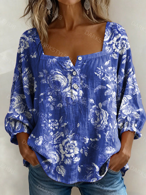 Women's Vintage Floral Print Casual Cotton Linen Shirt