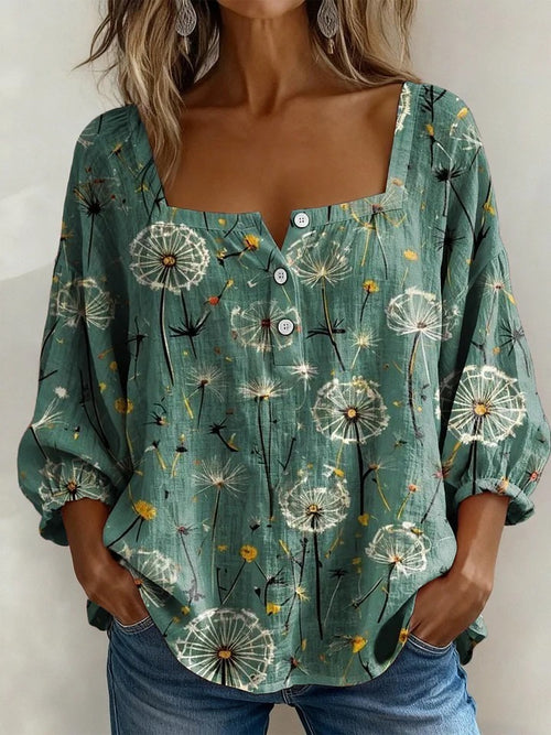 Women's Vintage Print Casual Cotton Linen Shirt