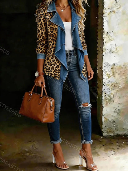 Women's Leopard Print Patchwork Long Sleeved Denim Shirt