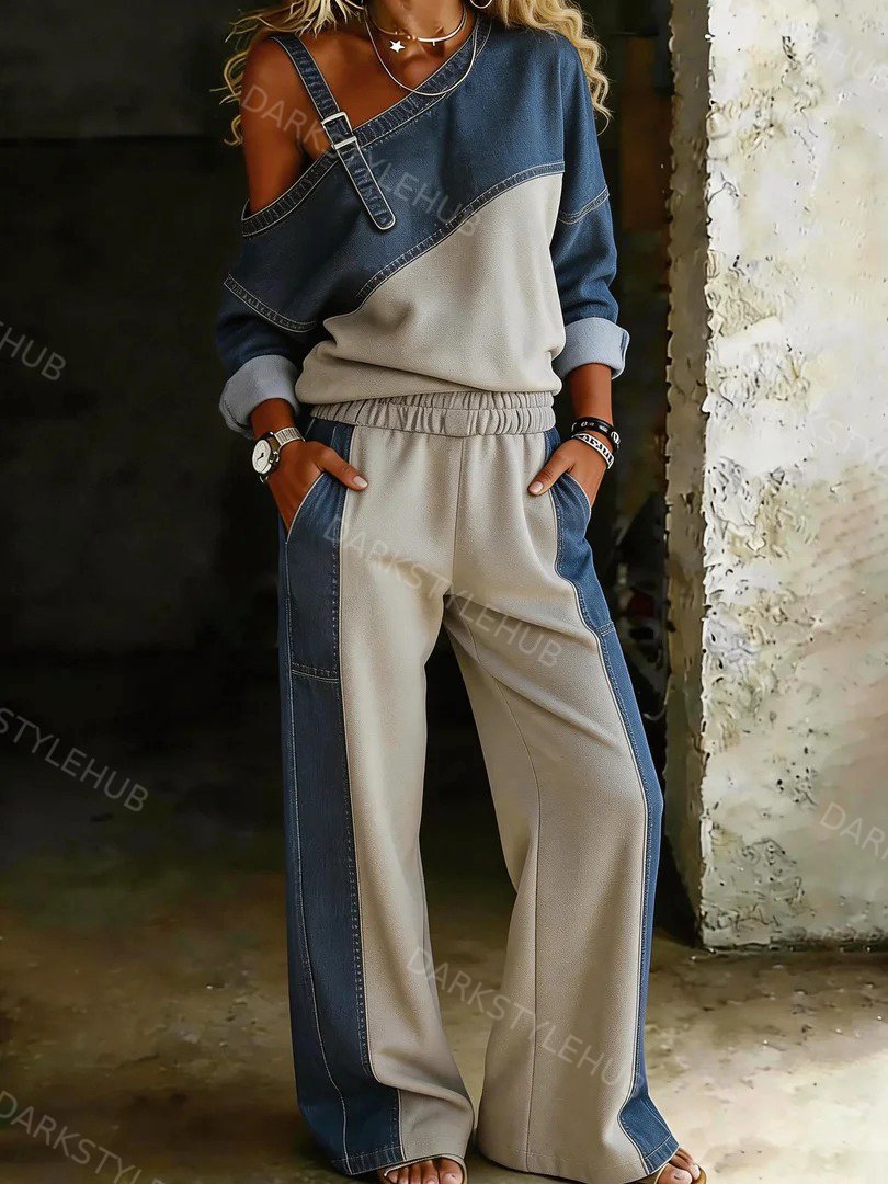 Women's Casual Off-shoulder Denim Patchwork Shirt and Pants 2 Piece Set