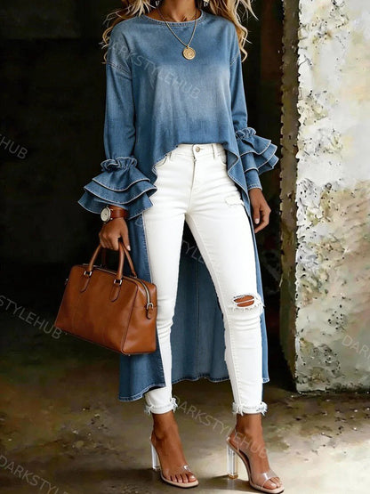 Women's Casual Solid Color Cotton Denim Shirt