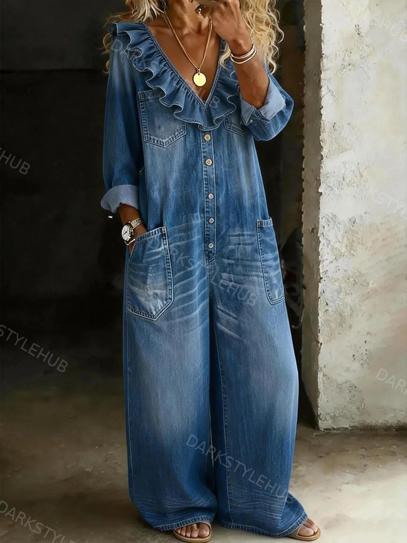 Women's Solid Color Ruffle Neck Cozy Casual Cotton Denim Jumpsuit