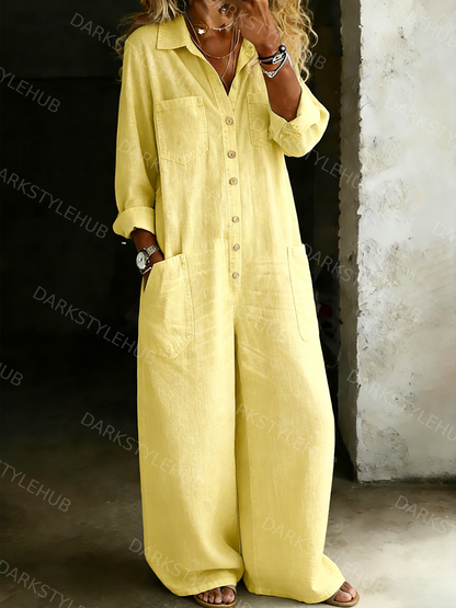 Women's Solid Color Cozy Casual Cotton and Linen Shirt Jumpsuit