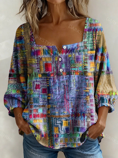 Women's Vintage Patchwork Print Casual Cotton Linen Shirt