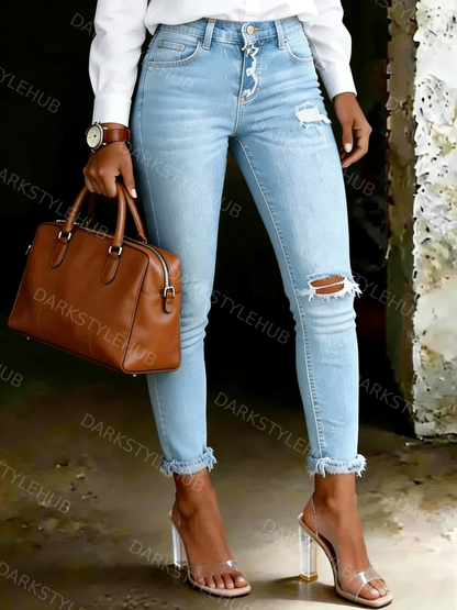 Women's Casual High-Waisted Ripped Skinny Jeans