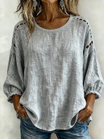 Women's Casual Hollow-out Design Round Neck Cotton Linen Shirt
